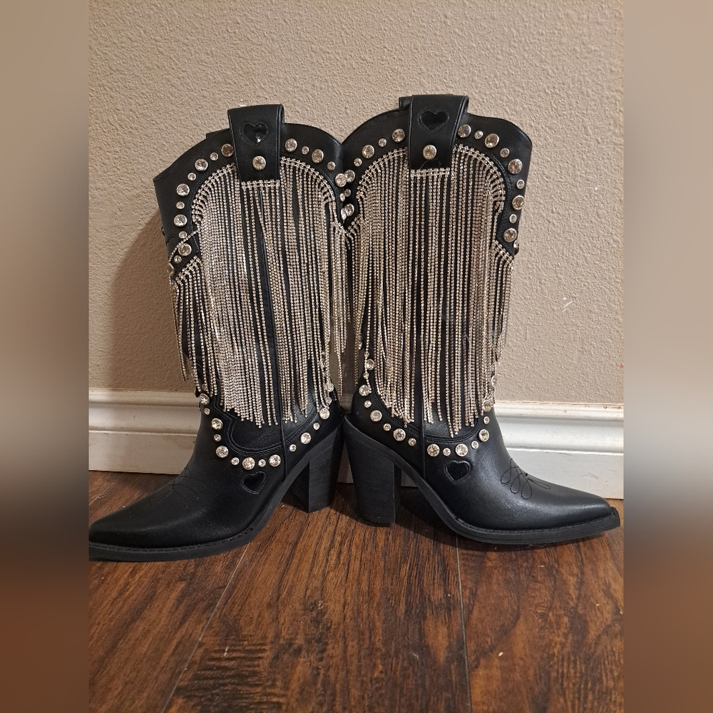 Dolls Kill Black Rhinestone Fringe Boots - Picture 2 of 3